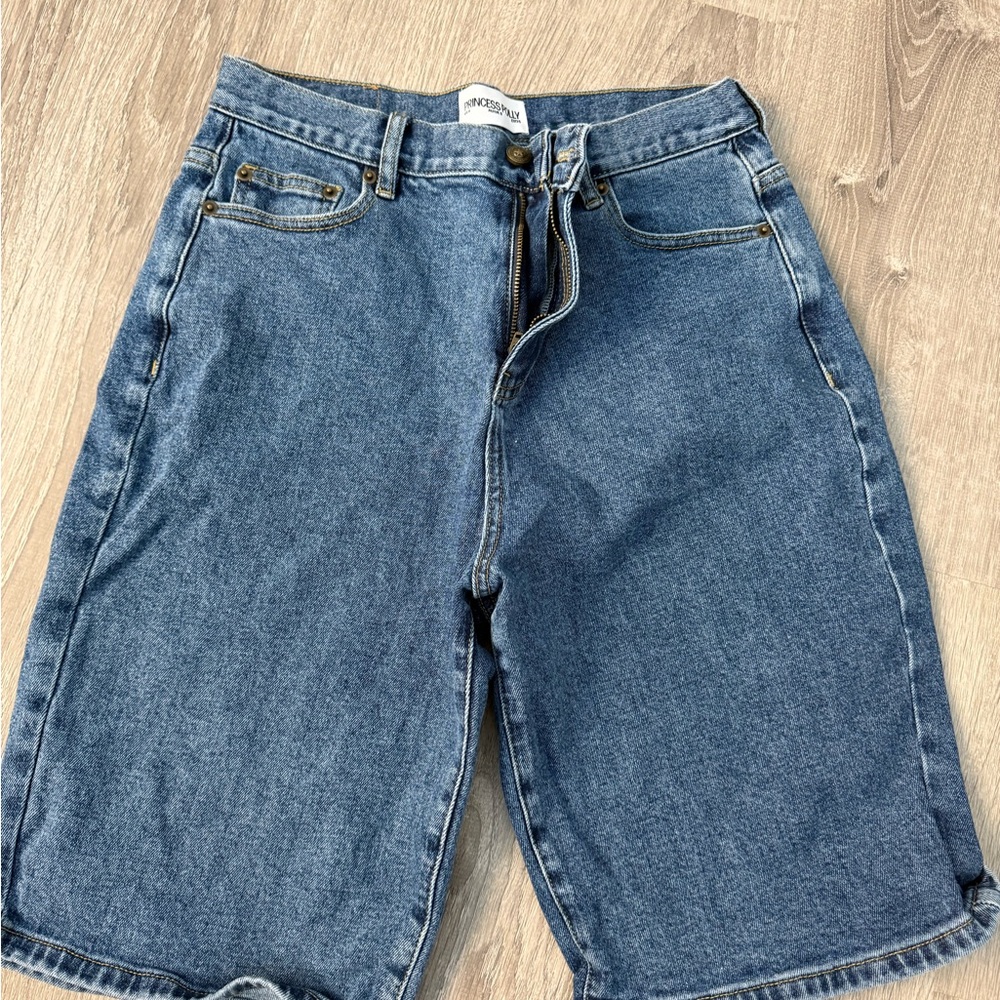 Princess Polly Retro Dream Mid Rise Longline Denim Shorts Mid Wash